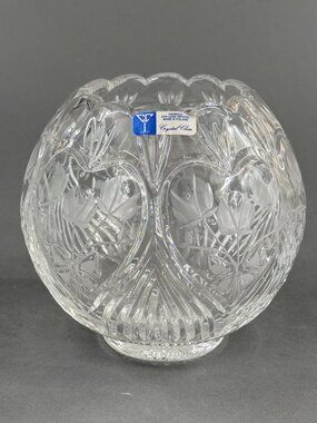 Vintage Crystal Clear 24% Lead Crystal Rose Bowl Frosted Tulip Vase Poland 6"